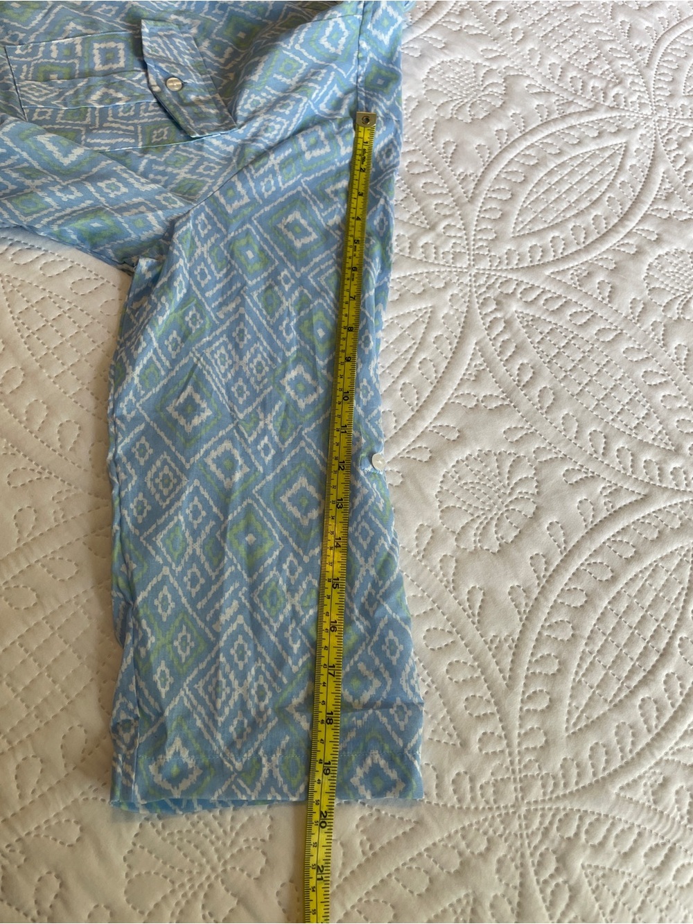 Eden & Olivia Light Blue Geometric V-Neck Tunic with Green Accents - Picture 11 of 14